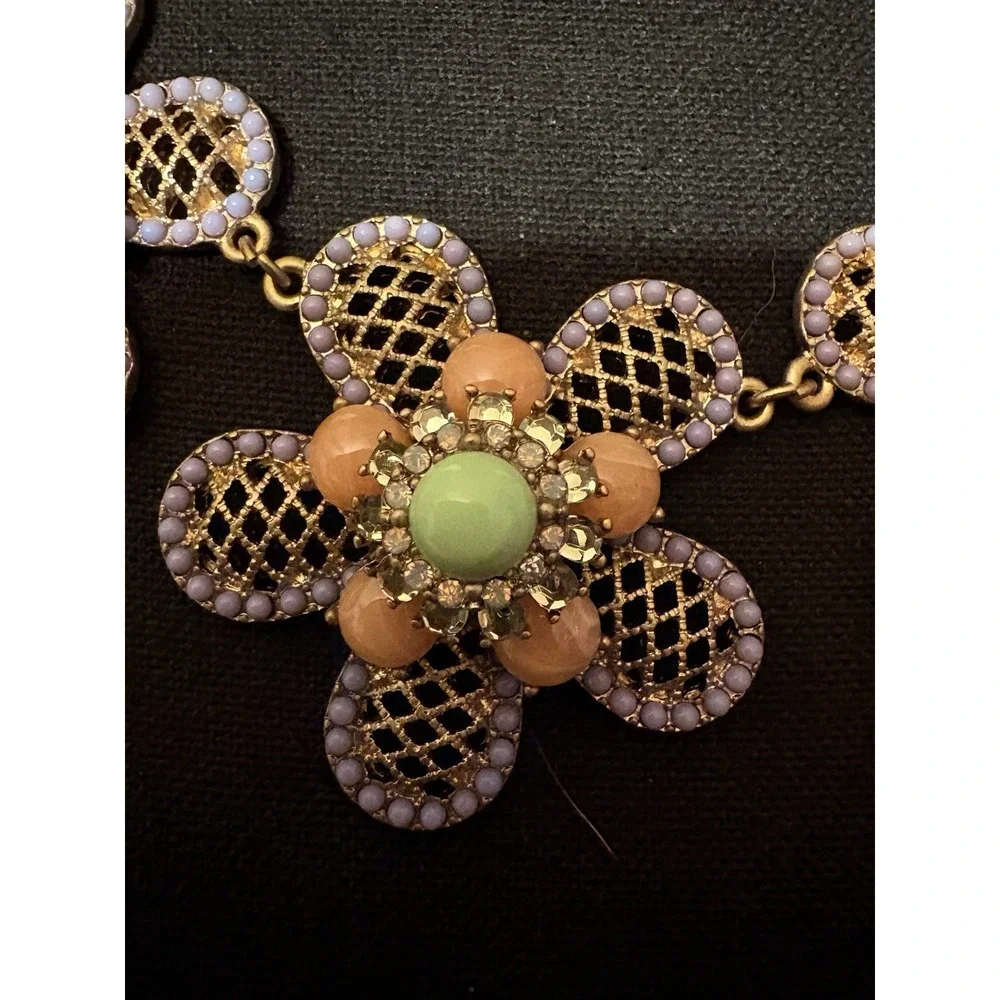 Gold‎ Tone Floral Statement Necklace Boho Vintage Pastel Bib Jewelry Gift